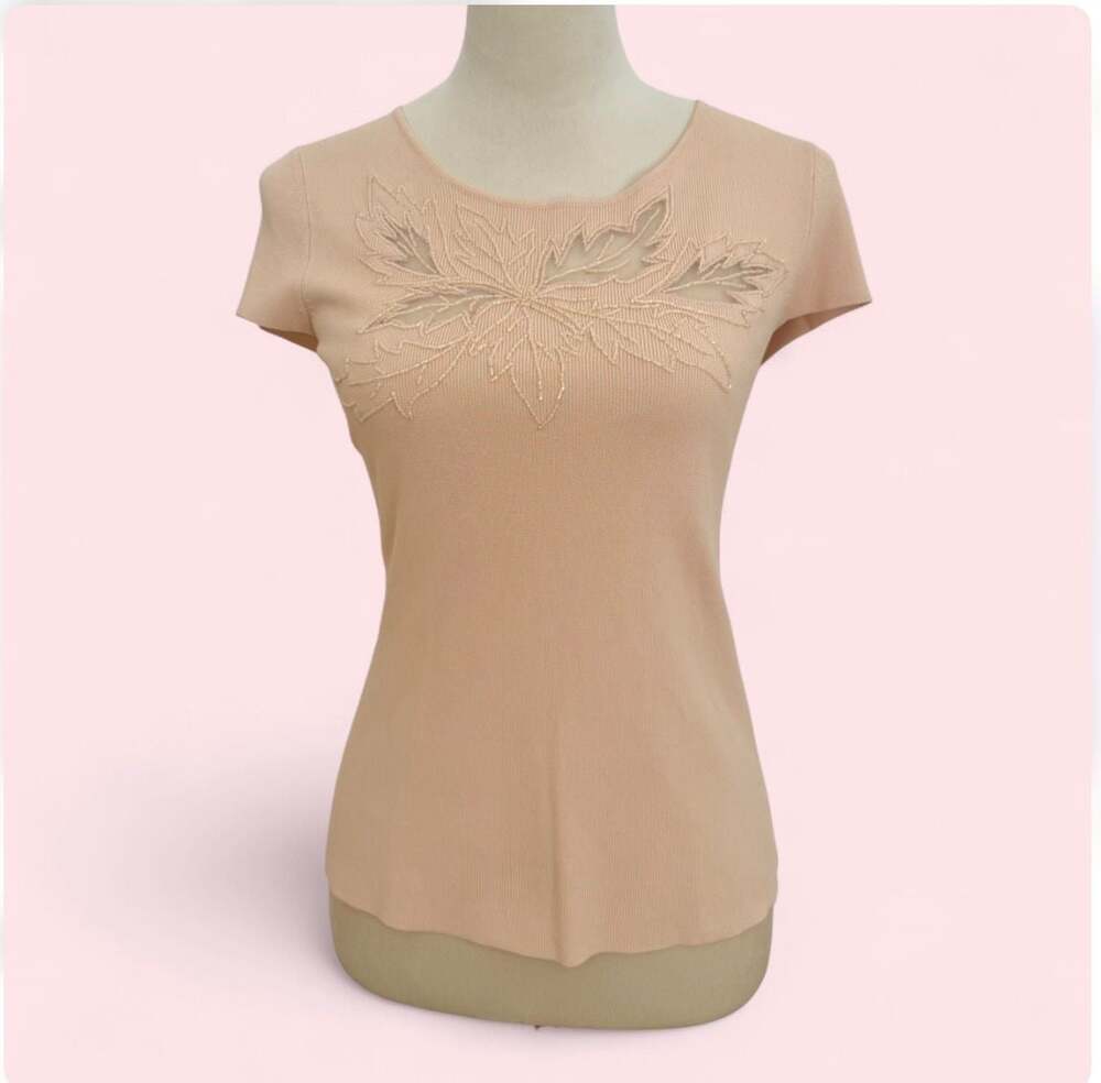 Cabo Vintage Y2K Pink Beaded Leaf Embroidered Mesh Cutout Ribbed Short Sleeve To